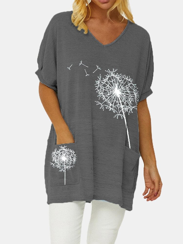 Flower Printed Short Sleeve V neck T shirt For Women P1706809