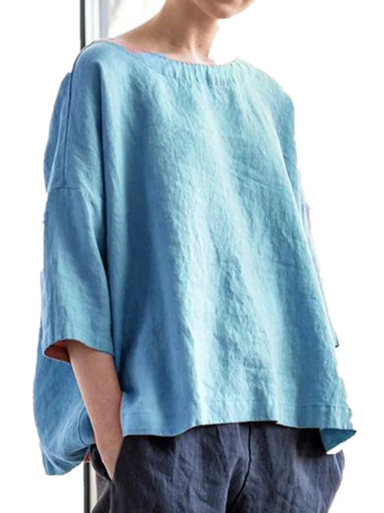 Round Neck Loose Versatile Literary Retro Style Cotton And Linen Shirt