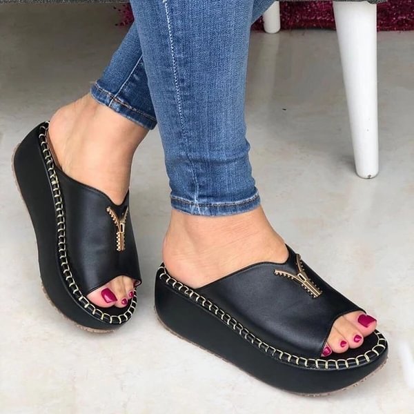 Women Casual Summer Slip On Zipper Wedge Sandals Comfort Shoes For Women Open Toe Beige Heeled Sandals Berrylook Shoes