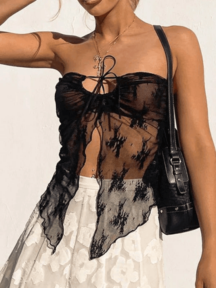 Brownm Slit Sheer Mesh Bandeau Top