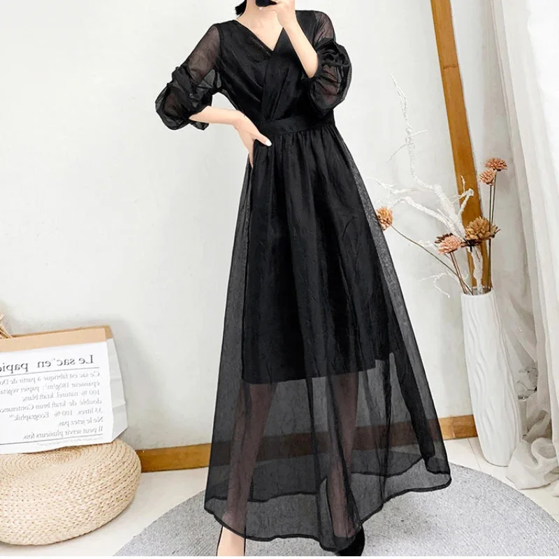 Oocharger Temperament Women Black Long Dress High Waist Lantern Sleeve V Neck Party Dress Tunic A Line Elegant Ladies Vestidos