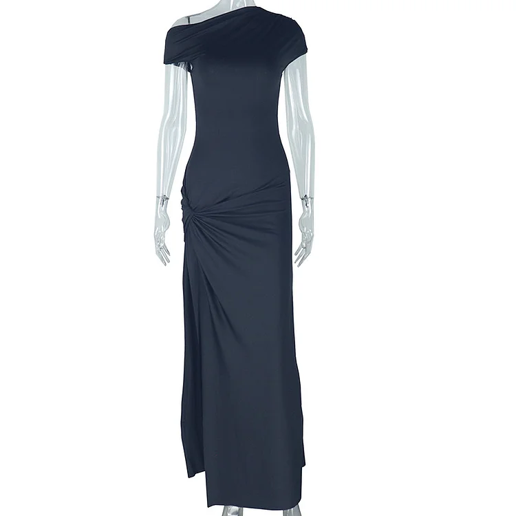 Solid Color Oblique Collar Short Sleeve Irregular Slit Dress