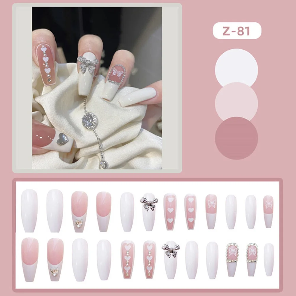 24pcs Pink Rose Design False Nail Patch Coffin Fake Nails Removable Long Paragraph Fashion Manicure Nail Art Press On Nail Tips-Nail Inspo