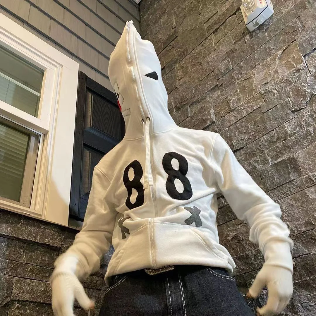 Demon Letter Graphics Oversized Men's  Full Zip Up Hooded Sweatshirt