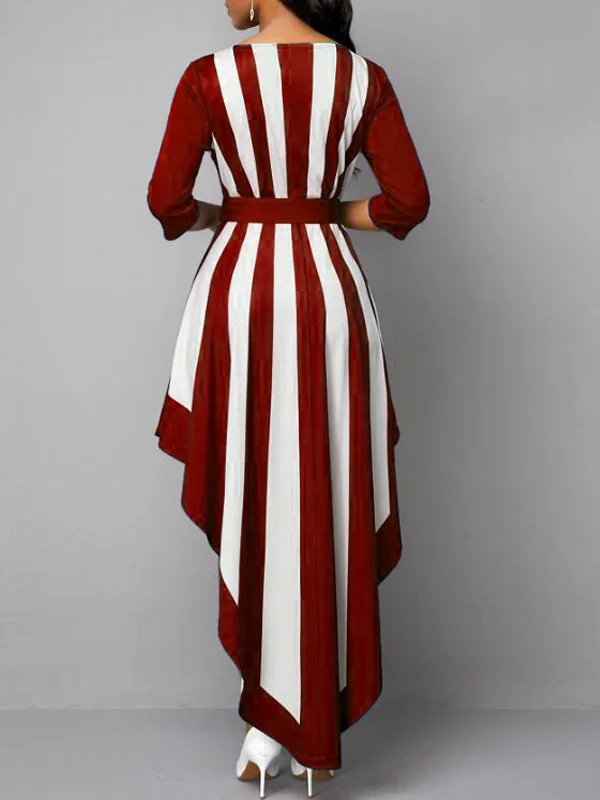 Striped Print High Waist 3/4 Sleeve Irregular Dress