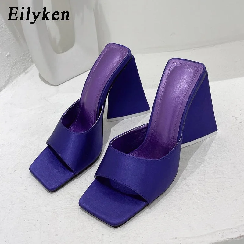 Eilyken 2022 New Arrival Summer Silk Triangle Square Heels heel Slippers Sexy Street Woman Party Square toe Dress Slides shoes