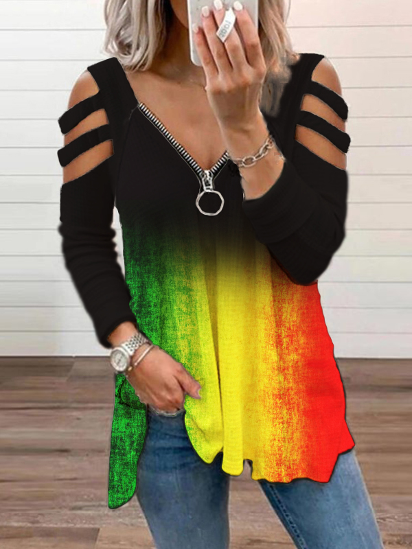 Black Pride Rasta Gradient Print Cutout Shoulder Zip T Shirt wearshes