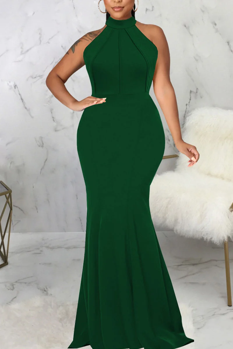 Dark Green Elegant Solid Patchwork Half A Turtleneck Evening Dress Dresses