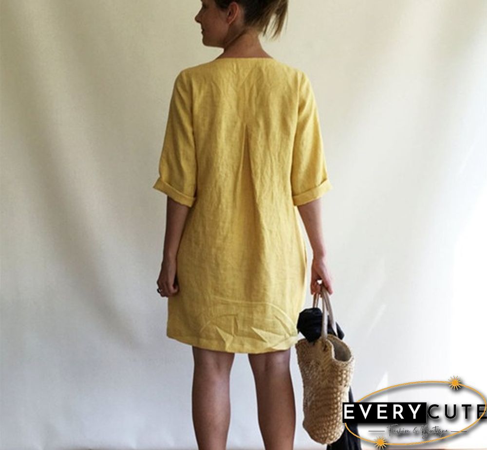 Women's Fashion Loose Tunic Dress Casual V-neck Solid Color Dress Boho Dress