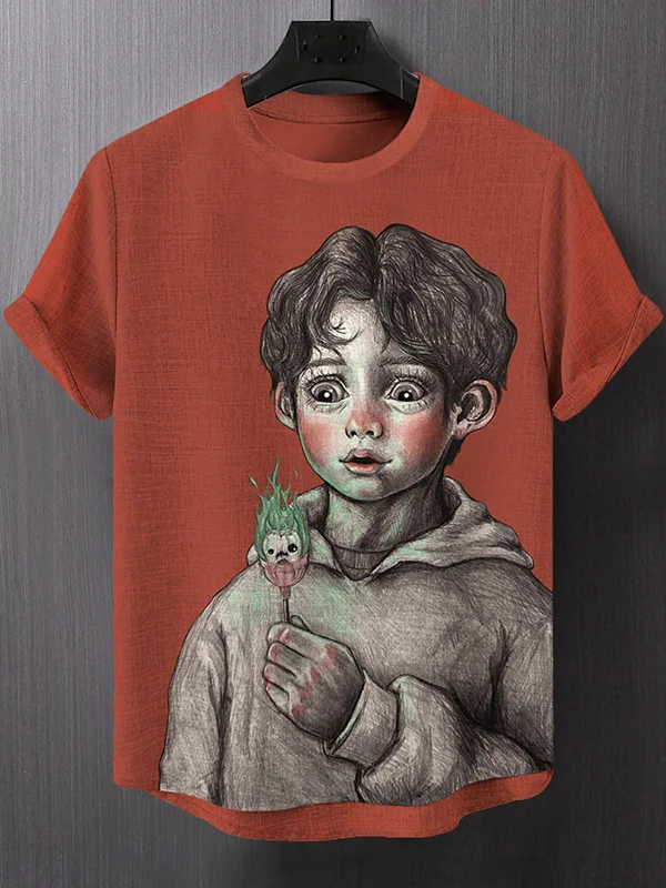 Men's Halloween Gothic Boy Holding Demon Candy Art Print Casual T-Shirt