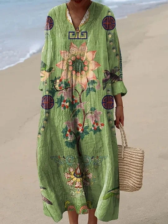 Women's Vintage Lovely Floral Art Print Cotton Dress