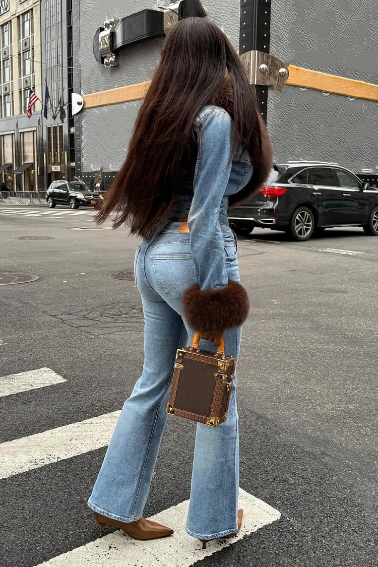 Faux Fur Patchwork Jacket Jeans Casual Denim Matching Set-Blue [Pre Order]