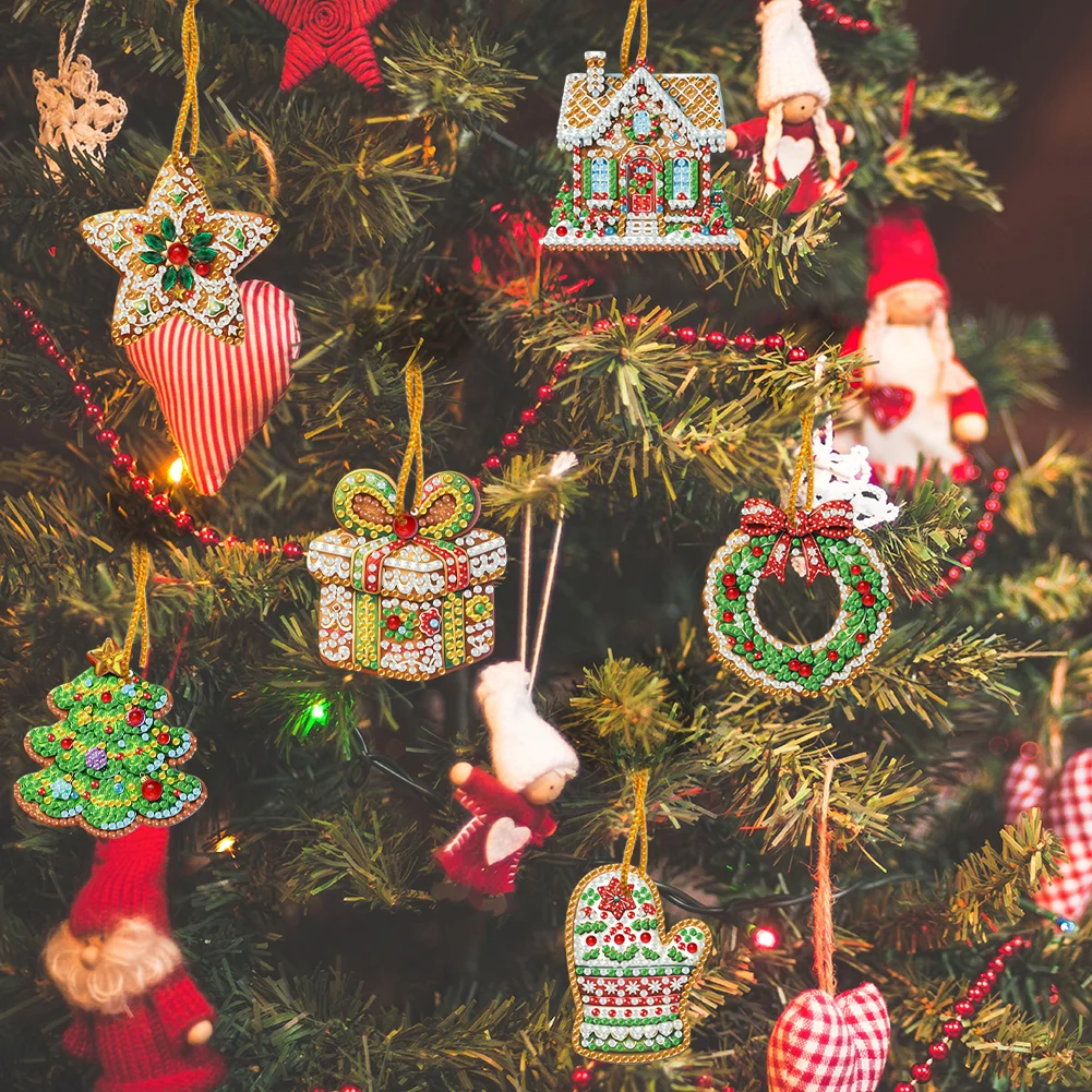 6pcs Xmas Cookies 2D Flat DIY Diamond Painting Art Pendant Wall Door Decoration