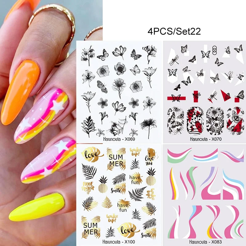 Harunouta Gold Black Tropical Plants Water Decals Stickers Set Leaves Flower Geometrics Slider For Summer Nails Art Decoration