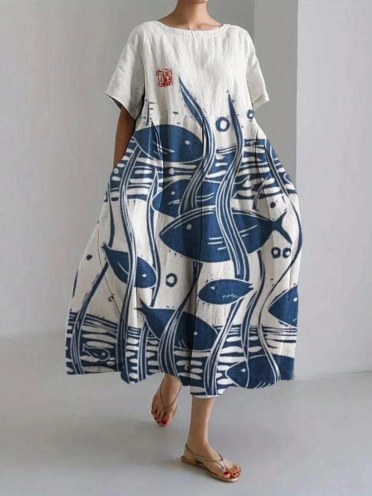 Fish under Sea Japanese Lino Art Linen Blend Maxi Dress