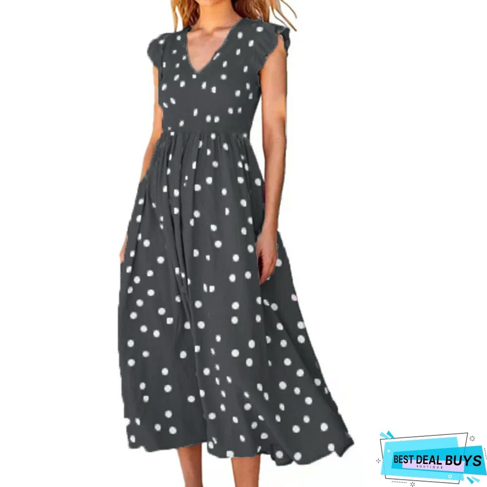 Women's V-Neck Waist, Large Skirt and Polka Dot Print Dress