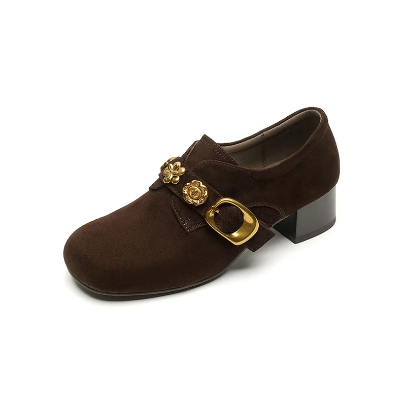 Breakj Breakj Look! Scrub Retro Gold Buckle Coarse Heel Lefu Single Shoes Women Heel Grandmother Shoes