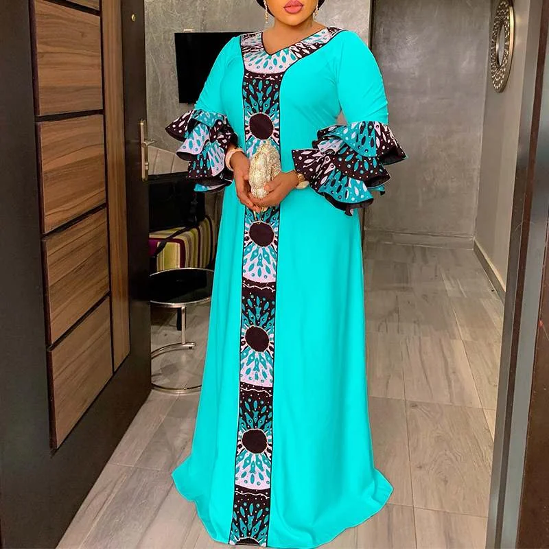 VONDA Summer Party Dress 2022 Women Sexy 3/4 Sleeve V-Neck Maxi Sundress Ruffled Bohemian Casual Printed Patchwork Beach Robe