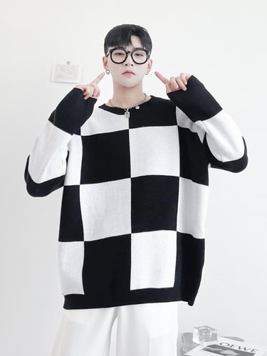 Dawfashion-College Style Black and White Plaid Loose Round Neck Pullover Sweater-Yamamoto Diablo Clothing