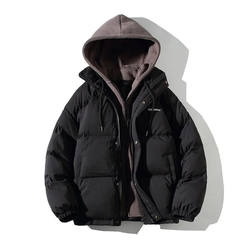 Winter Men's Fake Two-piece Jacket Warm New Fashion Thickened Hooded Casual Loose Cotton Padded Clothing  Black White Pink Coat