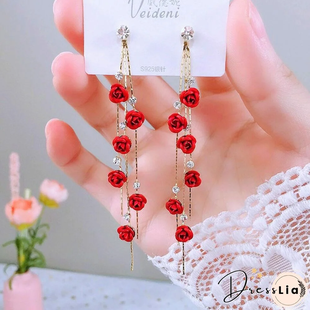 New Exquisite Women's Fashion S925 Silver Needle Zircon Rose Flower Long Tassel Earrings Jewelry Gift