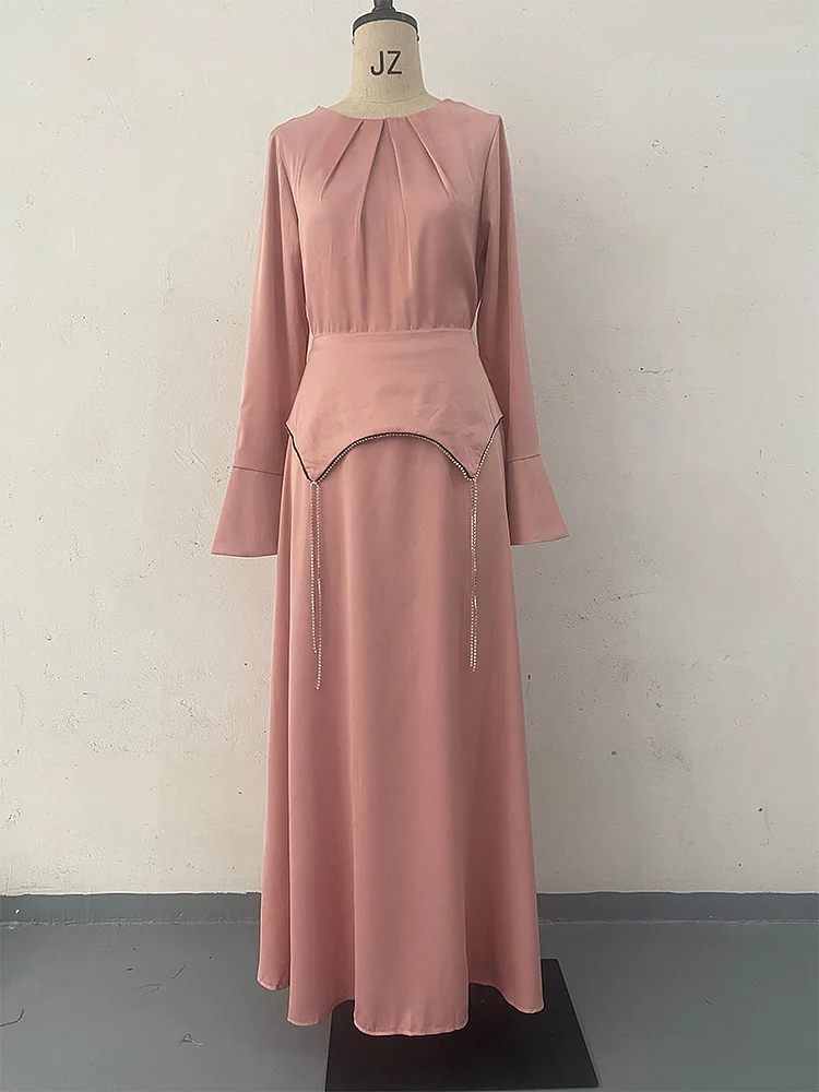 Long Sleeve Rhinestone-encrusted Chain Waist Dress