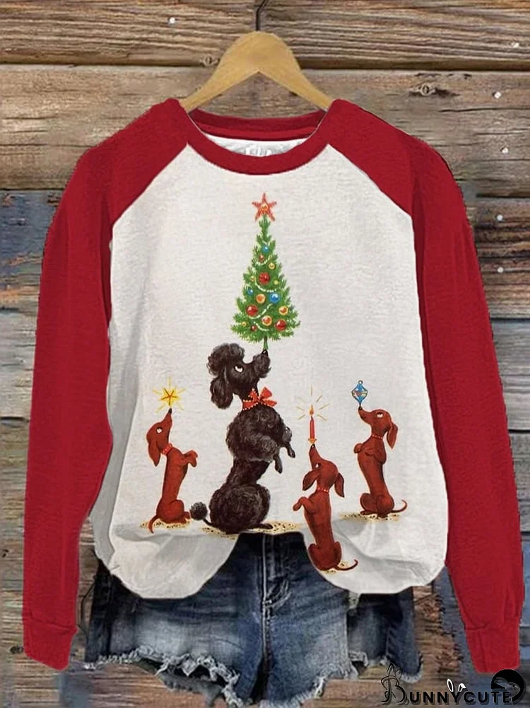 Women's Christmas Tree Dachshund Dog Print Casual Sweatshirt