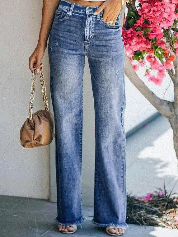 Women's Jeans Raw-Edged Straight-Leg Washed Jeans