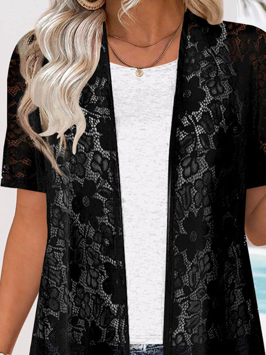 Women Short Sleeve V-neck Lace Printed Graphic Two-Pieced Cardigan Tops