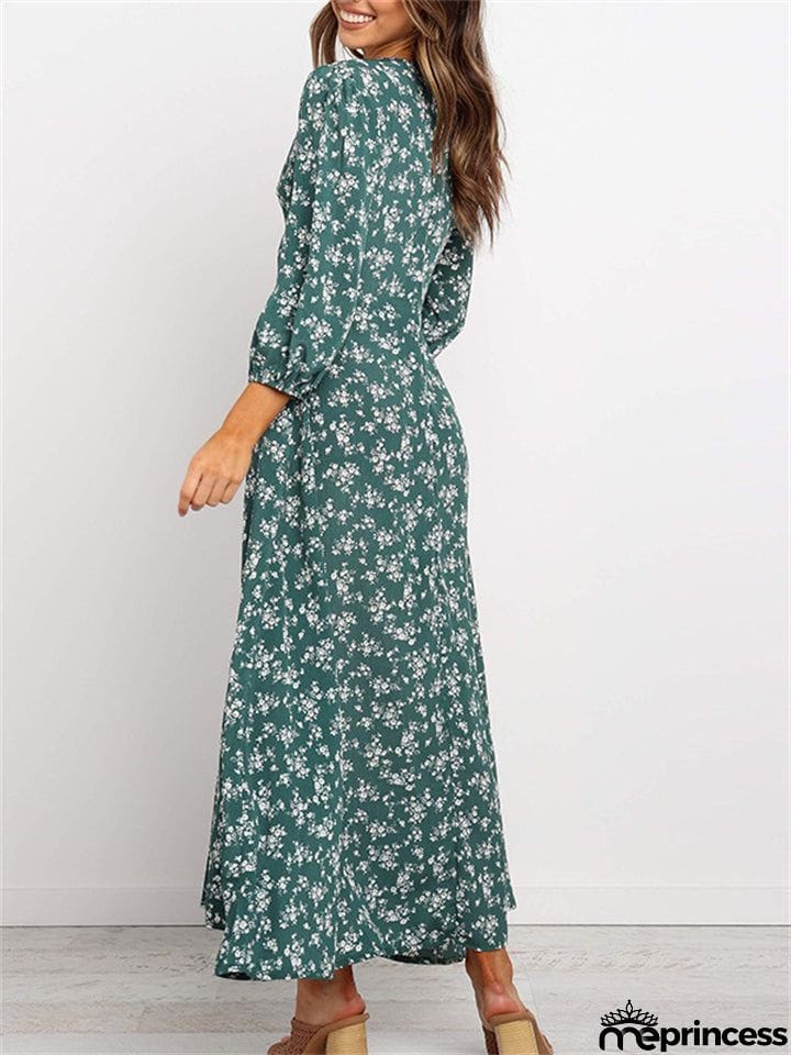 Classy High Waisted Vintage Floral V Neck Long Dresses For Women