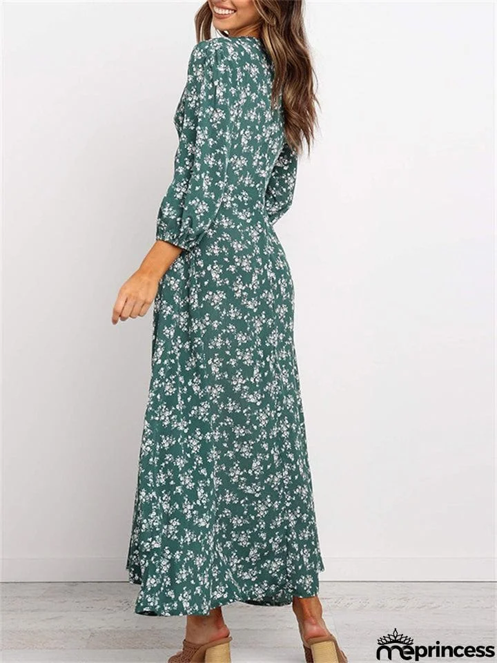 Classy High Waisted Vintage Floral V Neck Long Dresses For Women