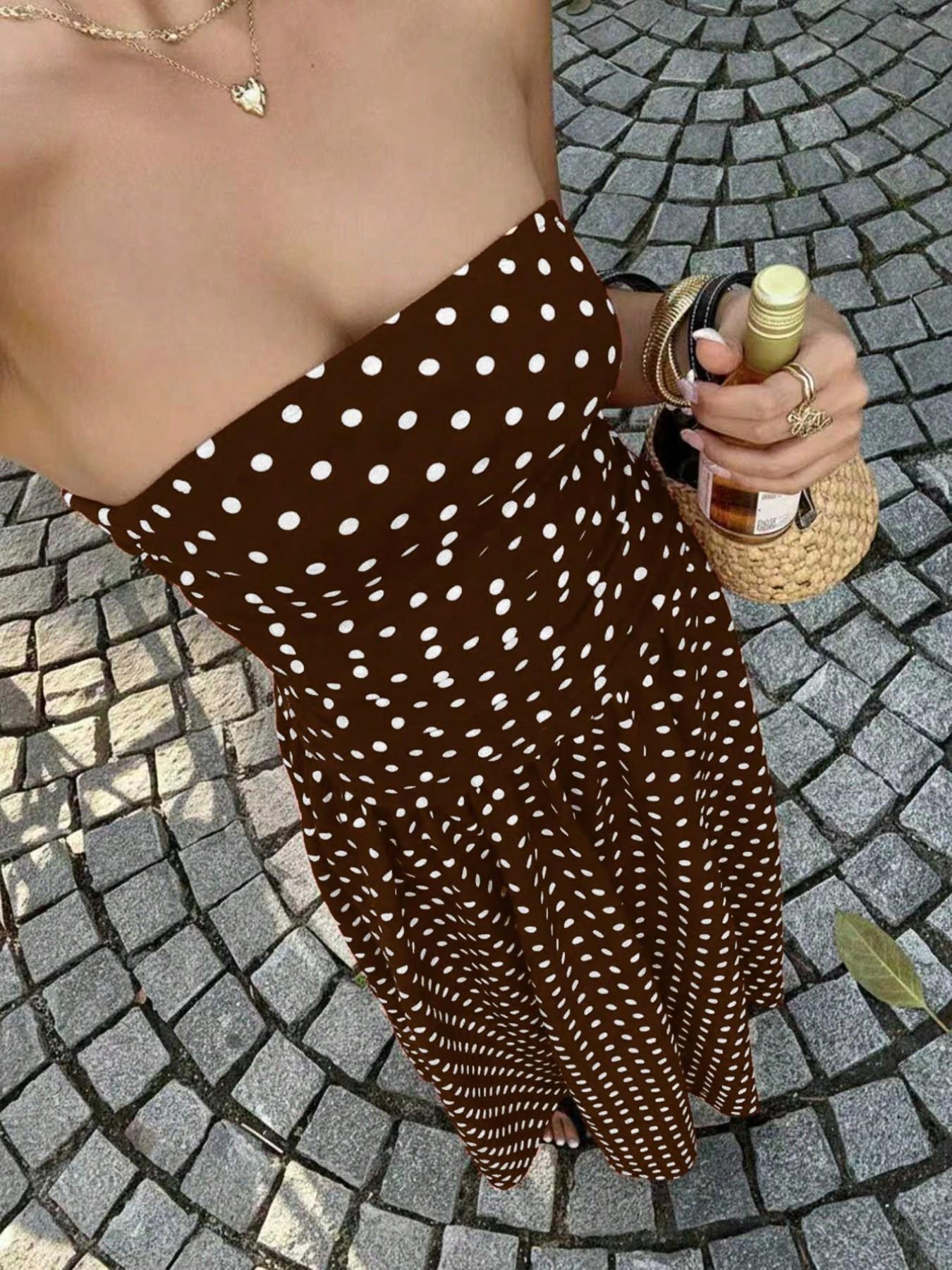 Women's Polka Dot Printed Ruched Waist Sleeveless Halter Dress, Elegant All Season Fashion, Perfect for Casual Wear, Stylish and Comfortable, Casual Fashion Chic, Casual Chic Outfit