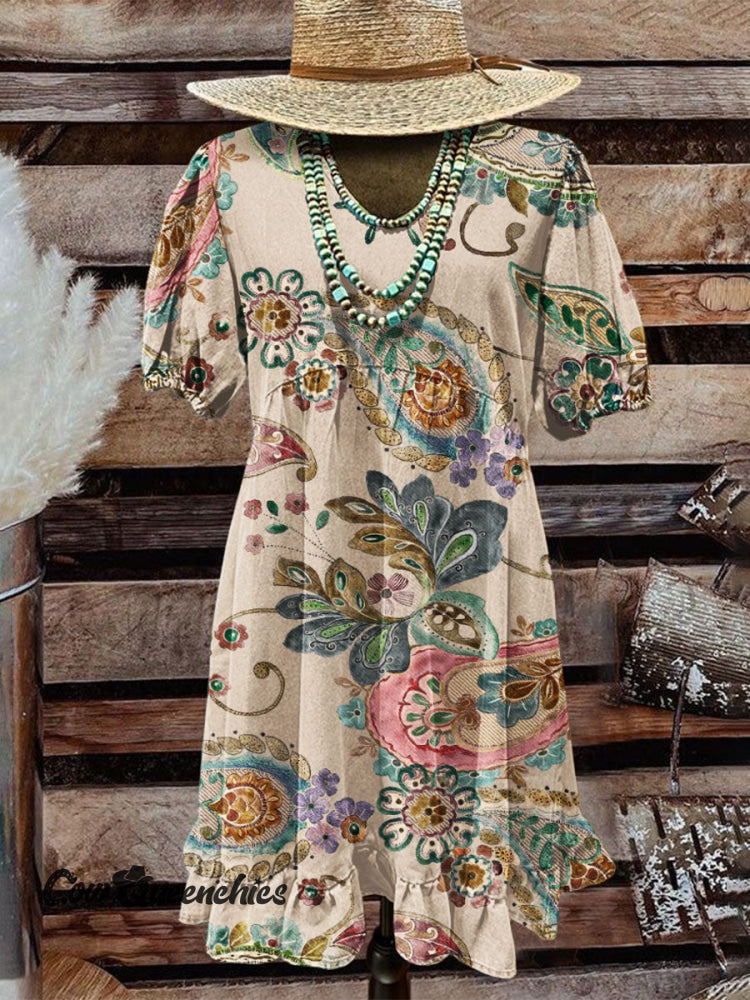 Women’s Vintage Western Art Print Pocket Cotton Dress Multicolor / S