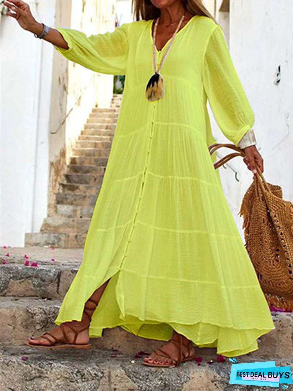 Bohemian Solid Color V-Neck Loose Long Sleeve Cotton and Linen White Dresses