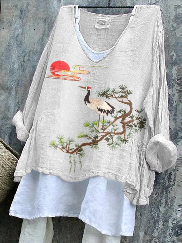 Comstylish Pine Trees Sunrise Landscape Embroidery Pattern Cozy Cotton Linen Shirt