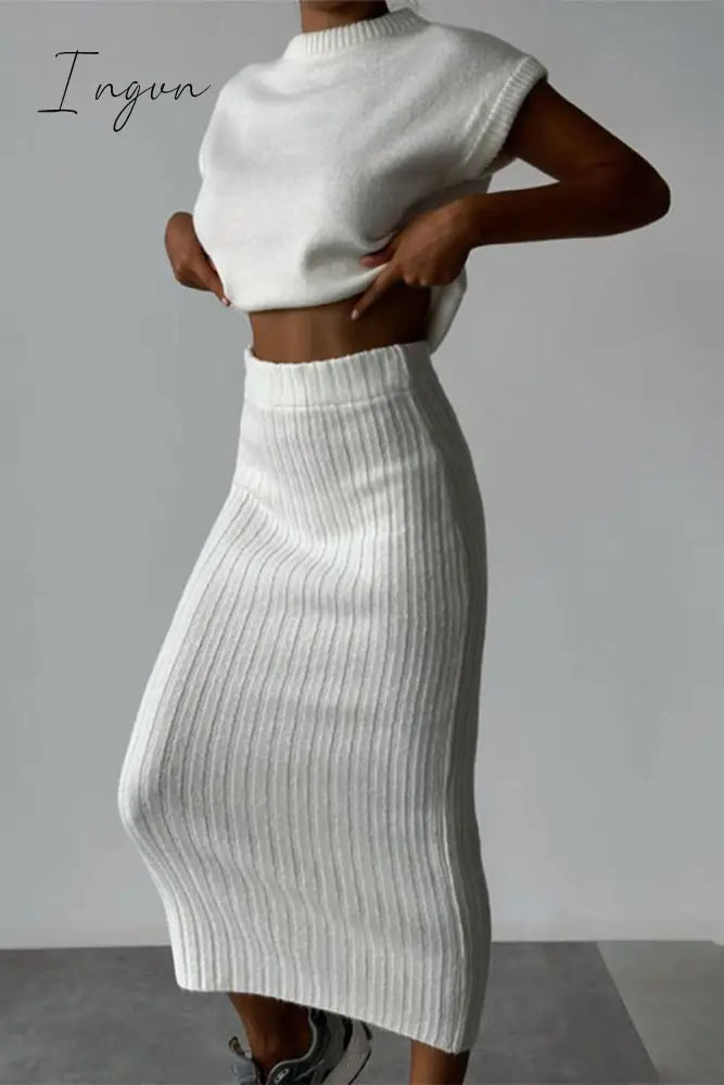 Ingvn - Elegant Solid Patchwork Half A Turtleneck Sleeveless Two Pieces White / S Pieces/Two-Piece