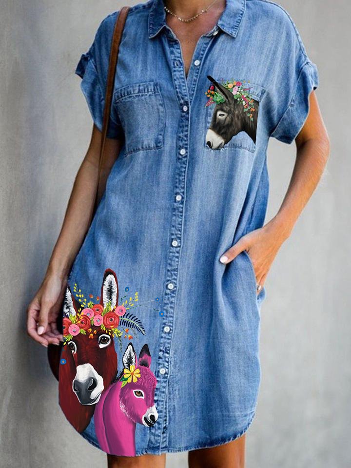 Women Donkey Animal Print Pockets Denim Dresses