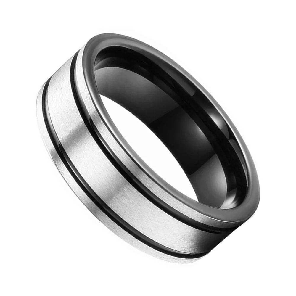 6MM 8MM Black Lines Grooved Tungsten Rings Brushed Finished For Men