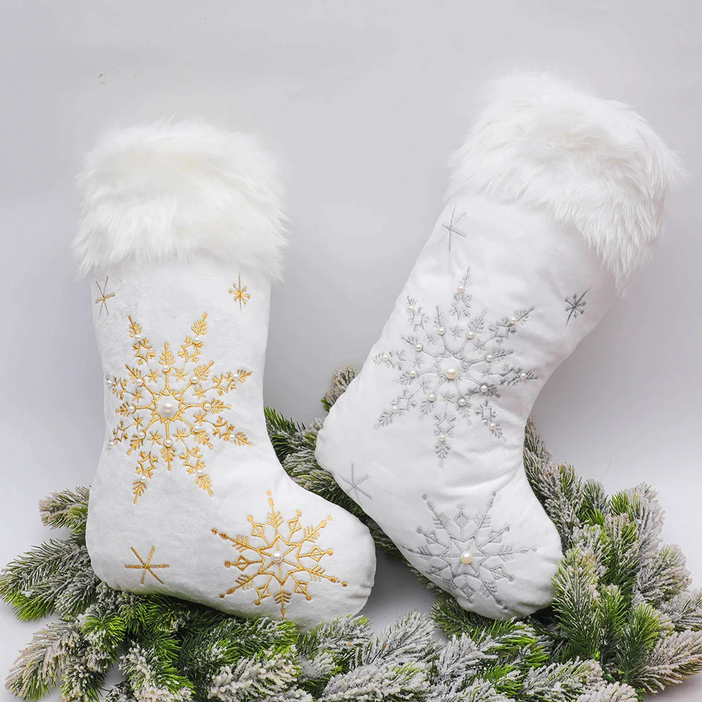 Gold and silver pearl flannel snowflake Christmas sock Christmas ornaments