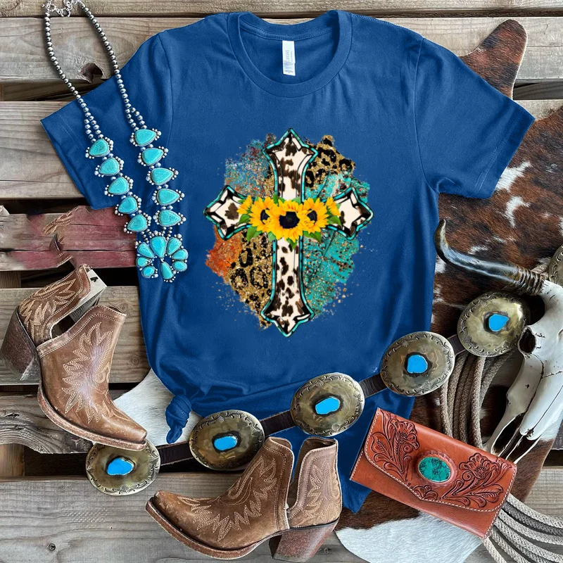 Leopard Sunflower Cross Graphic Women Casual T-shirt Designer