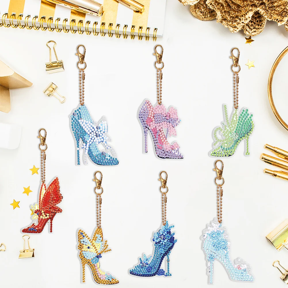 7pcs DIY Butterfly High Heels Double Sided Diamond Painting Keychain for Beginners Craft Supplies