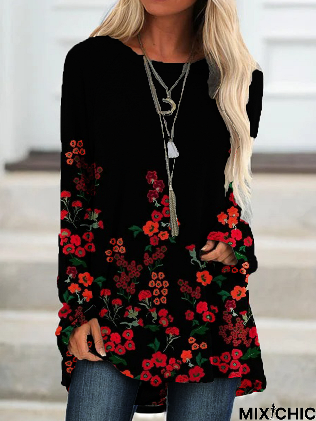 Loose Floral Casual Crew Neck Tunic Sweatshirt