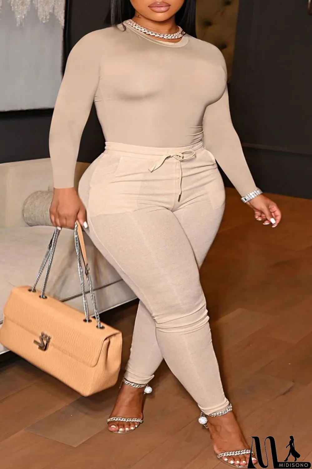 MidiSono - Apricot Fashion Casual Solid Basic O Neck Plus Size Two Pieces