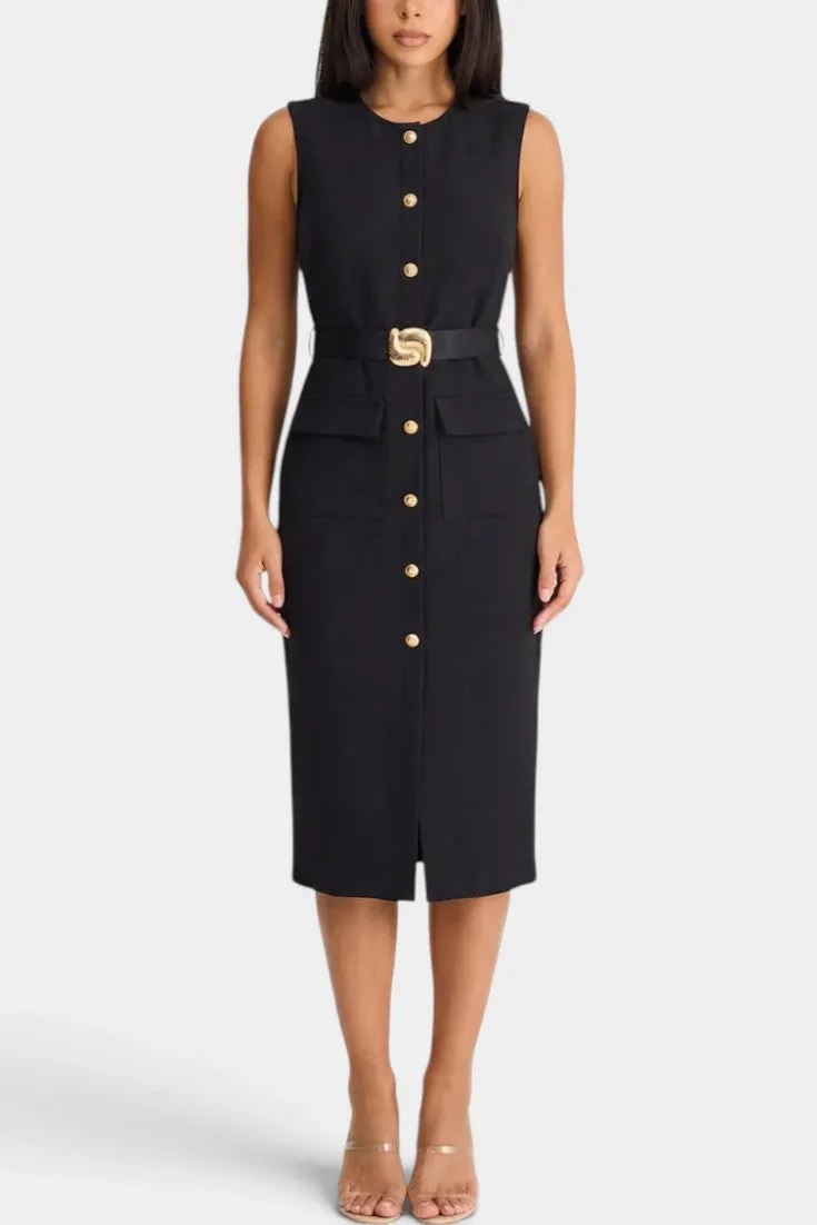Structured Belted Midi Dress with Buttons