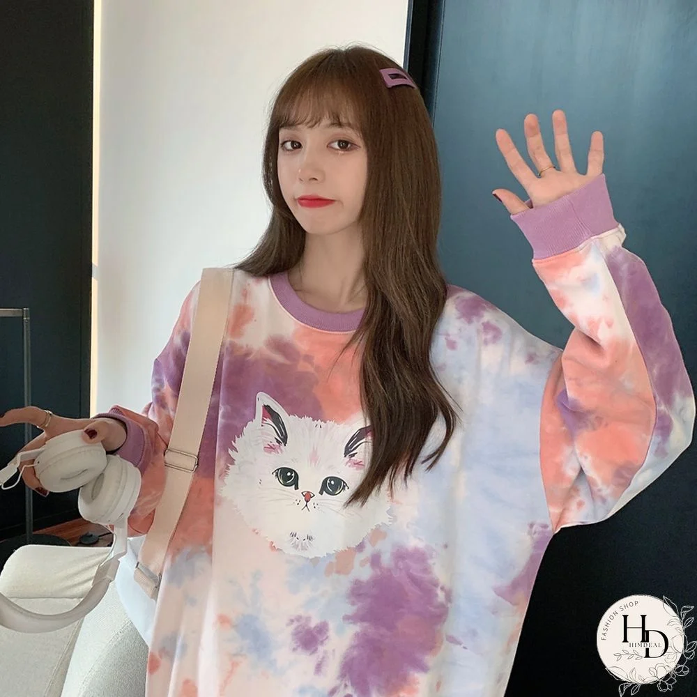 Spring Fall Tie Dye Sweatshirts Women Cartoon Cat Printed Loose Hoodies Girls Kawaii Oversized Pullovers Clothes Mujer Harajuku