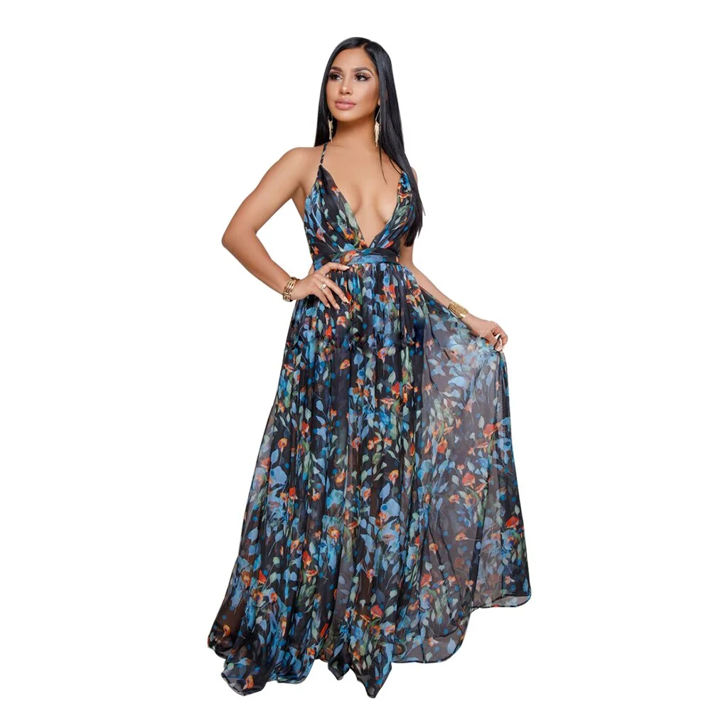 Summer Women Long Maxi Dress V-Neck Print Night Club Party Beach Sexy Elegant Street Bohemian Dresses Vestidos GL8212