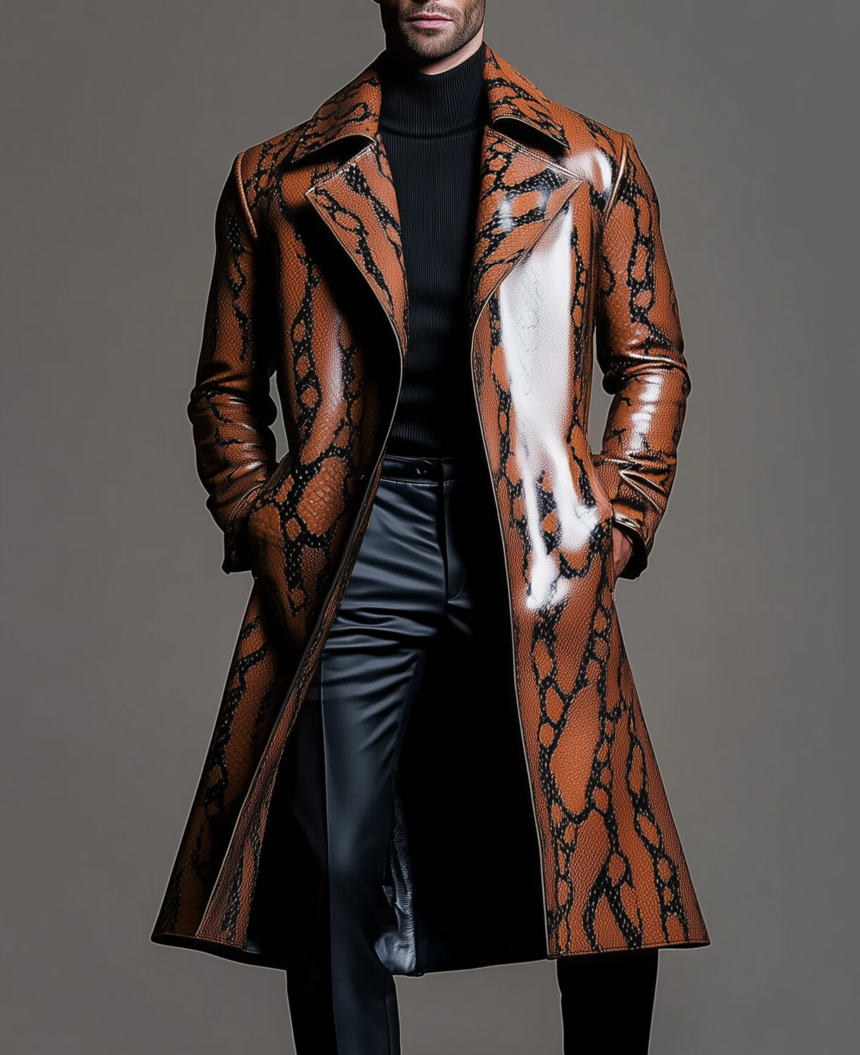 Okaywear PU Leather Snake Skin Pattern Lapel Pocket Overcoat