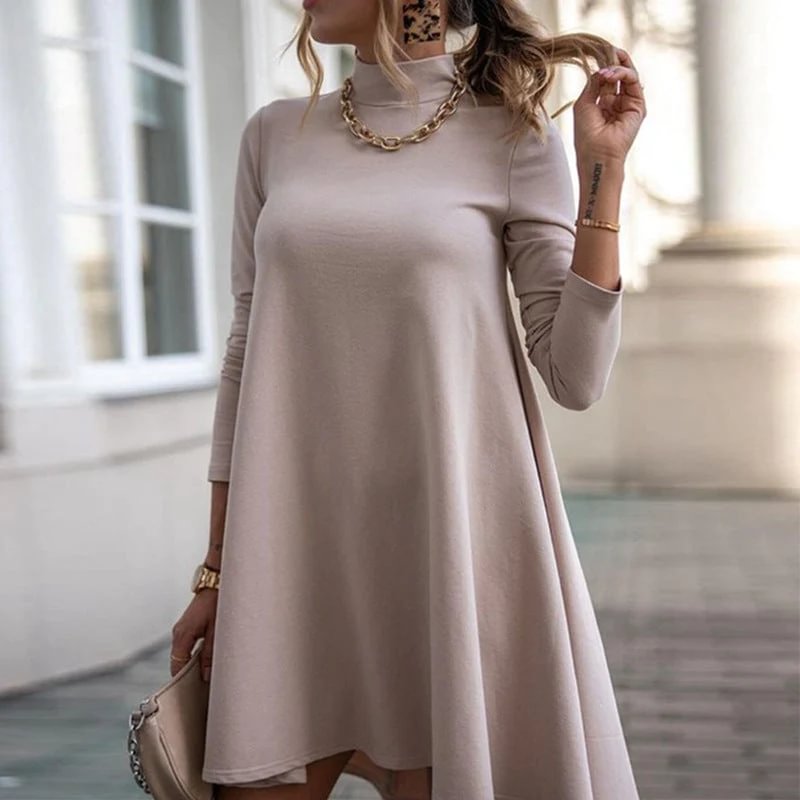 Solid Color Long Sleeve Turtleneck Loose Dress