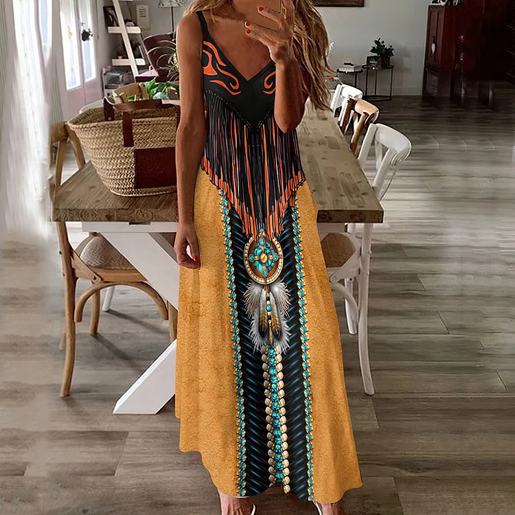 Western Feather Art Printed Maxi Dress