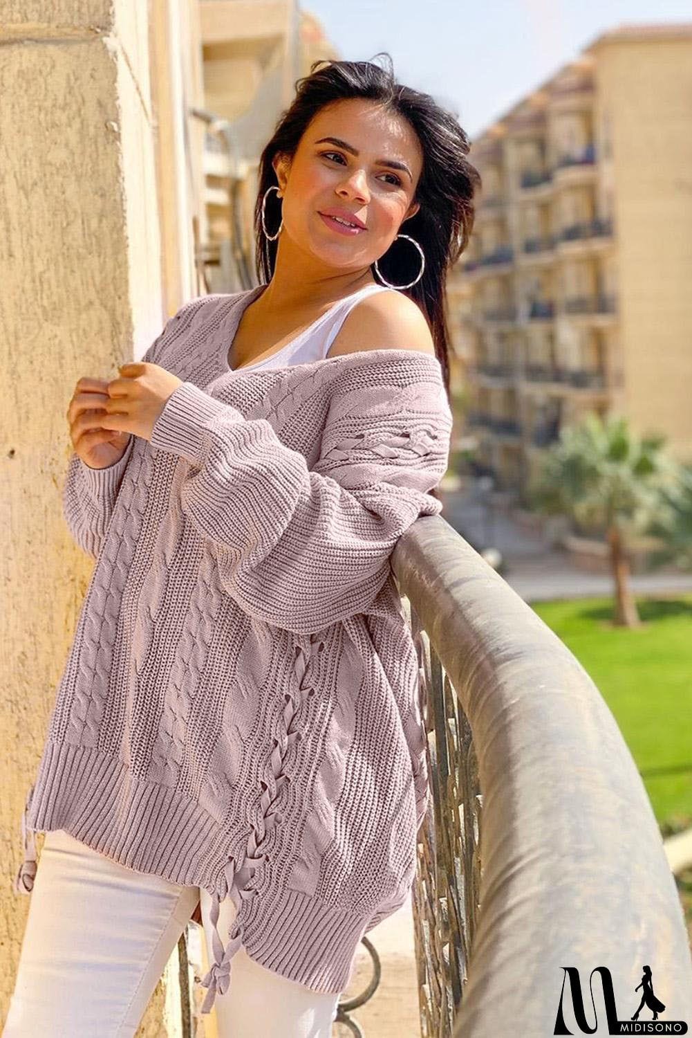 MidiSono - Love Letters Cable Knit Lace Up Sweater